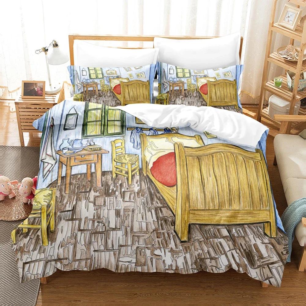 Van Gogh Oljemålning Sängklädesset Queen King Size Sovrumsinredning Örngott och Påslakan 2/3 st Hemtextil