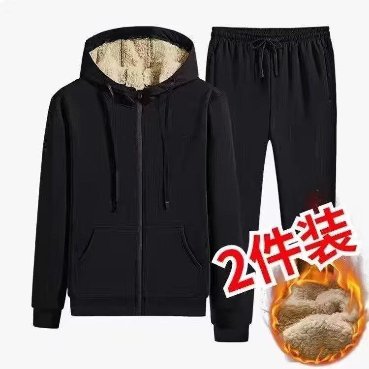 

Чоловічий потовщений світшот на блискавці з капюшоном на плюші, Осінь/Зима 380г, Модний великий розмір, Набір з двох предметів XL чорний