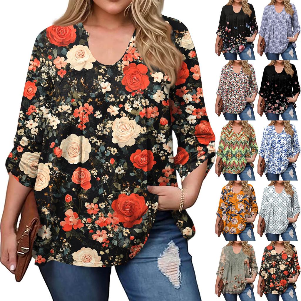 Women's Plus Size Fashion Printed Casual Pleated Round Neck Long Sleeve Top