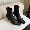 7CM Niche Fashion Heightening Elastic Thin Boots 2025 Autumn and Winter New Square Head Thin Heel Rear Zipper High Boots