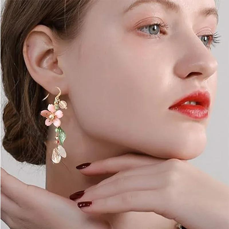 Exquisite Spring Pink Flower Dangle Earrings for Women, Fairy Charms Floral Leaf Earrings Summer Holiday Pendants Earrings Gifts