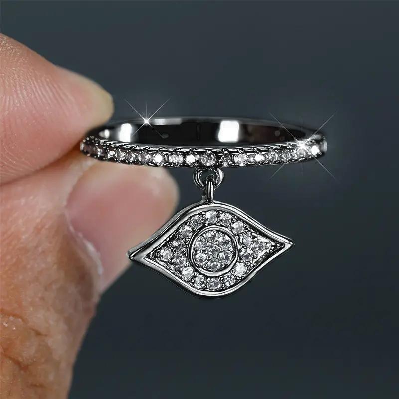 Huitan Stylish Chic Ring with Eye Shape Pendant Lady Daily Wearable Bright Zirconia Accessories Trendy Novel Statement