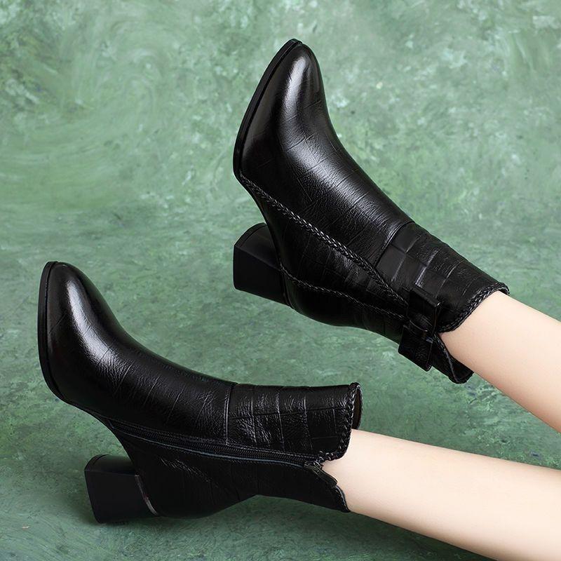 Winter 2025 Women's Chunky Heel Martin Boots: Genuine Leather, Round Toe, Plus Velvet, Fashionable and Versatile Ankle Boots