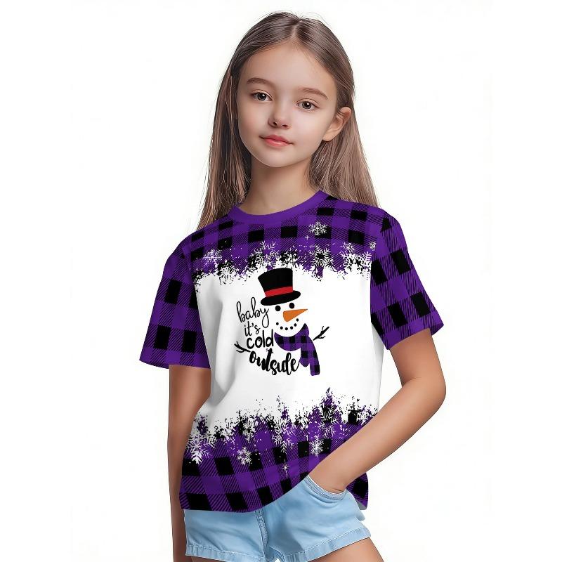 T-Shirt Girls 3D Printed Christmas Featuring Santa Claus Short Sleeve O Neck Casual Christmas Clothes Girls Top