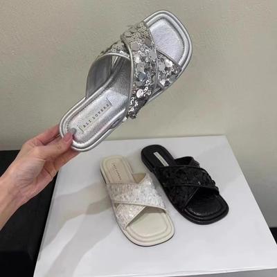 2024 Summers Women Slippers Fashion Elegant Open Toe Sequin Cross Slides Shoes Ladies Outdoor Beach Vacation Flats Sandalias