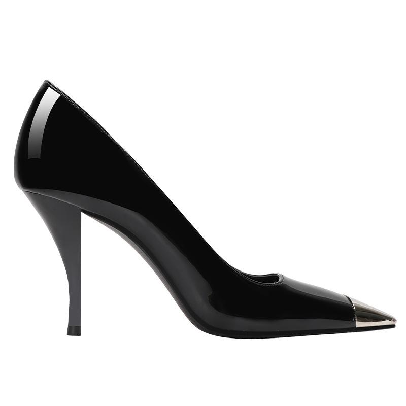 Rose Park Caiying same sexy patent leather high heels square head metal head thin heel single shoes black bag head sandals women