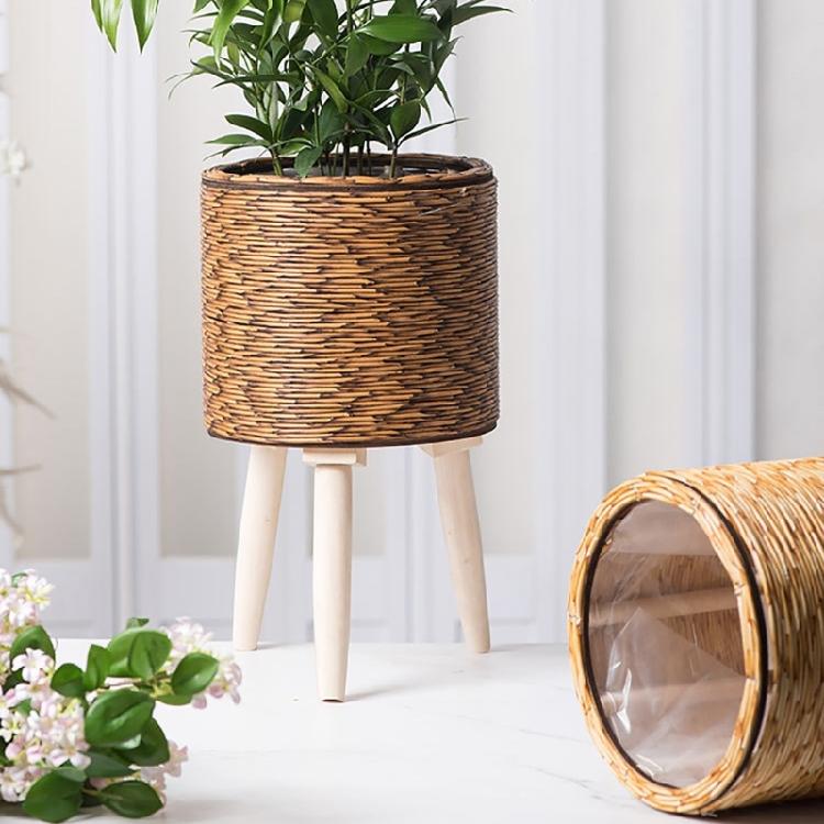 Handcrafted Yellow Rattan Plant Stand Durable And Portable Holder For Showcasing Green In Homes Offices Or Patios