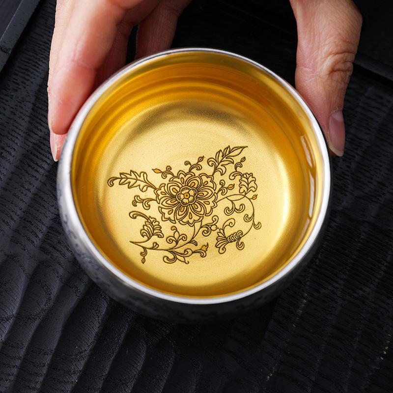 999 Silver Gilded Master Tea Cup Handmade Ceramic with Enamel Decoration Luxury Gongfu Teaware for Collector Gift