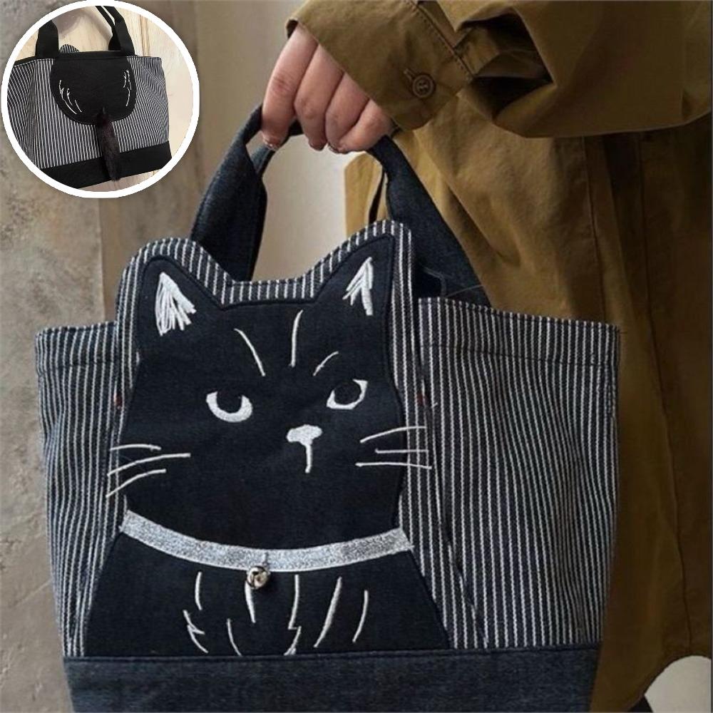 Large Capacity Top-Handle Tutoring Bag Cartoon Canvas School Bag Cat Tote Handbags  Students