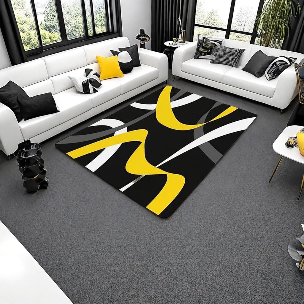 Modern Abstract Curve Print Area Rug, Black Pink & White Design Non-Slip Floor Mat for Living Room Bedroom Home Decor Carpet