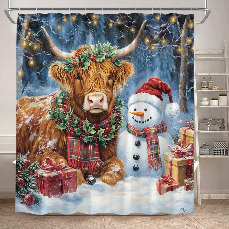 Christmas Highland Cow Shower Curtain Winter Cedar Snowy Xmas Gifts Farm Animal New Year Home Bathroom Curtains Decor With Hooks
