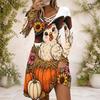 Women Criss Cross V Neck Long Sleeve Halloween Ghost Pumpkin Printed Curved Hem White Dress