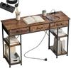 Desk with Storage and Power Outlets, 3 Fabric Drawers, 4 Shelves, 120 x 40 x 76 cm, Brown