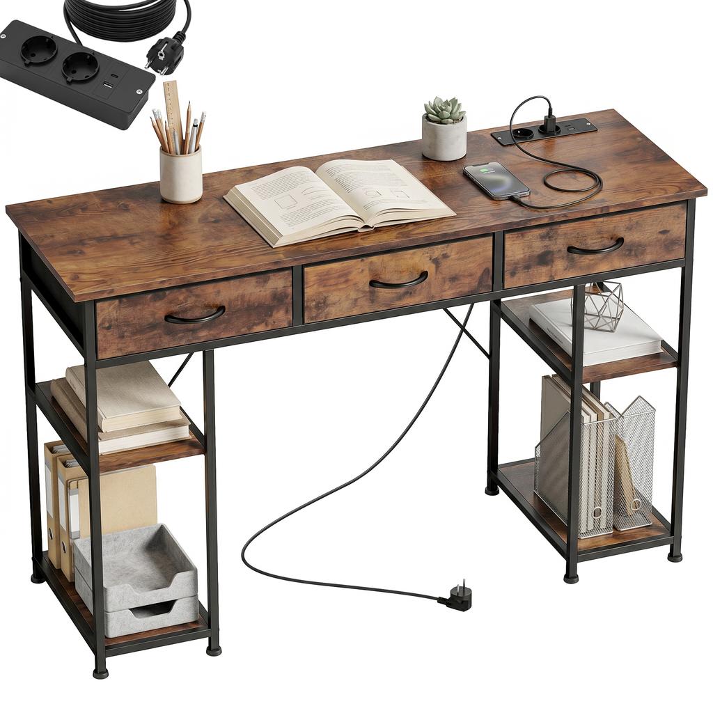 Desk with Storage and Power Outlets, 3 Fabric Drawers, 4 Shelves, 120 x 40 x 76 cm, Brown