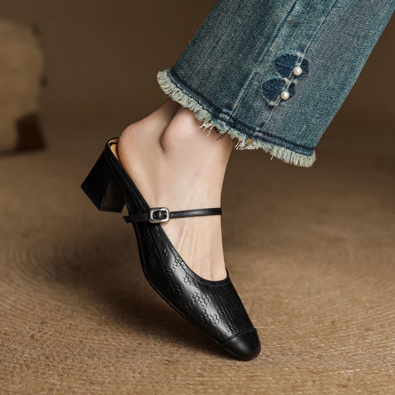 

Новые женские летние шлепанцы на высоком каблуке, женские шлепанцы с квадратным носком, из натуральной кожи, с мягкой подошвой из говяжьей кожи, крутые шлепанцы, повседневные, однотонные 40 чёрный