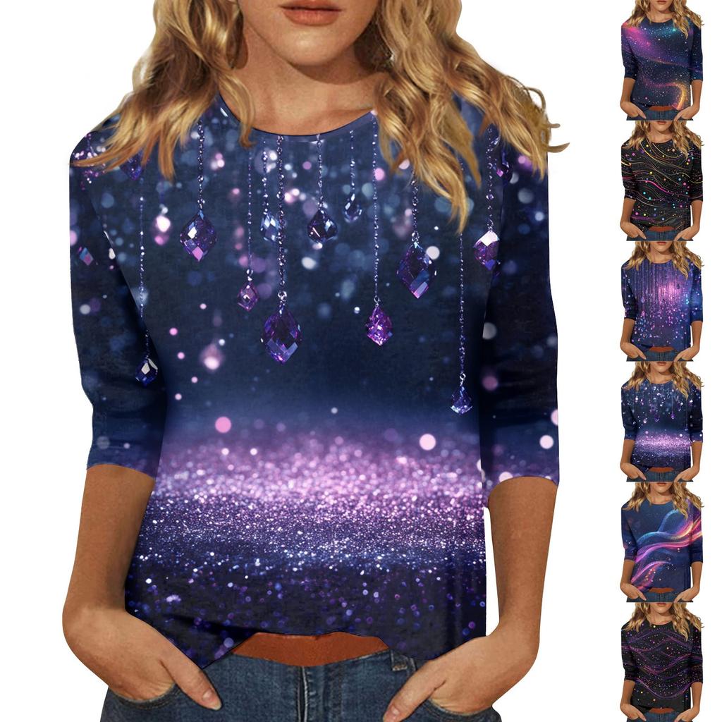 Women's Fashion Casual Seven-Point Sleeve Print Round Neck Top