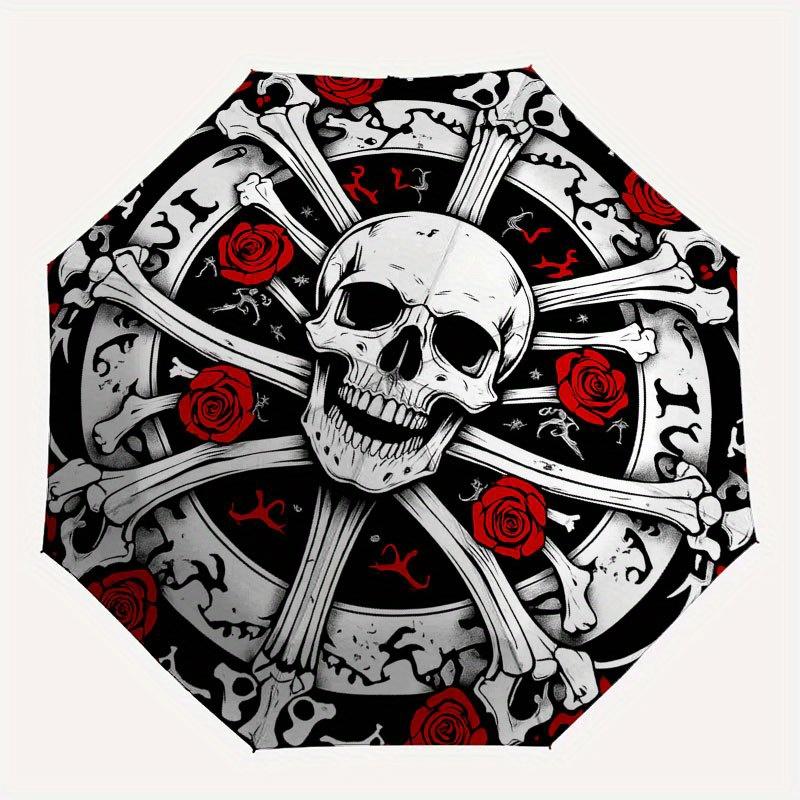 Skull & Roses Crossbones Tattoo Design StickerUmbrella with Cute Design, Portable 3-Fold Compact Umbrella for Men & Women, Valentine's Day Mother's Da
