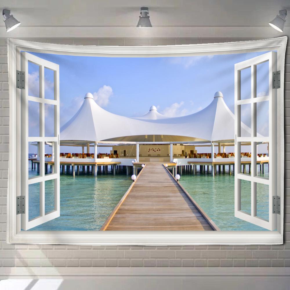 Imitacja okna las krajobraz malarstwo gobelin ściana wisząca styl boho psychodeliczny mandala wystrój domu