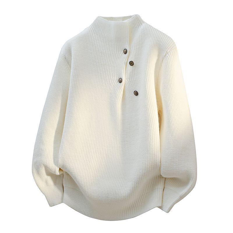 2025 Button-Design High Neck Gray Knit Sweater: Retro Loose Fit for Autumn/Winter