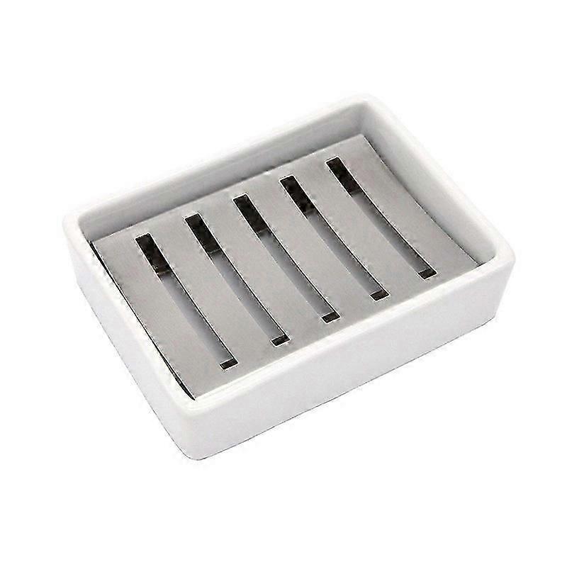 Stainless Steel Ceramic Soap Dish For Bathroom, Double Layer, Self Draining Soap Dish, Reject Fluffy Soap, Easy To Clean(White)