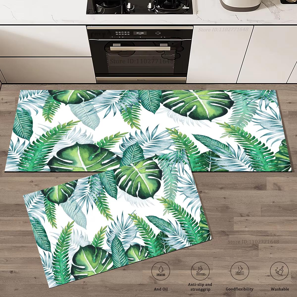 Green Leaves Non-Slip Kitchen Carpet Washable Mat for Living Room Entrance Home Decor Doormat Rug 50X80CM (1.6X2.6FT