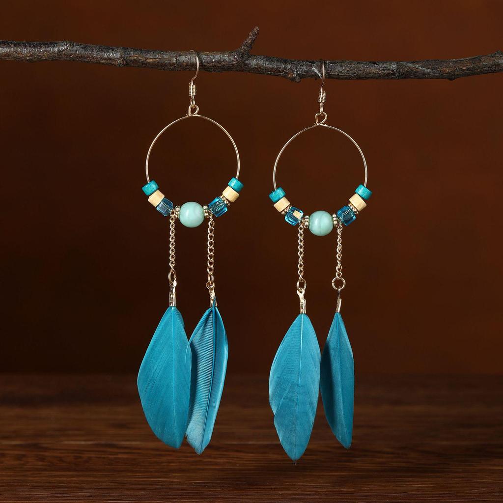 Bohemian Feather & Chain Seed Bead Hoop Earrings - Ethnic Style, Long Design