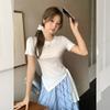 Korean design sense irregular hem strap-up front shoulder crew neck short-sleeved t-shirt women's summer new small top