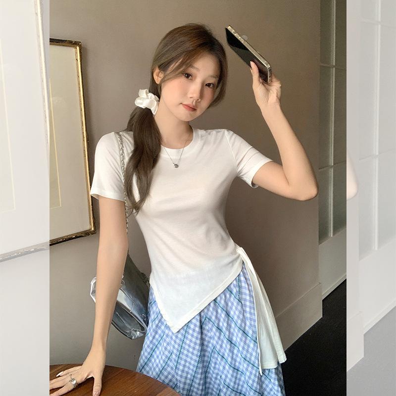 Korean design sense irregular hem strap-up front shoulder crew neck short-sleeved t-shirt women's summer new small top