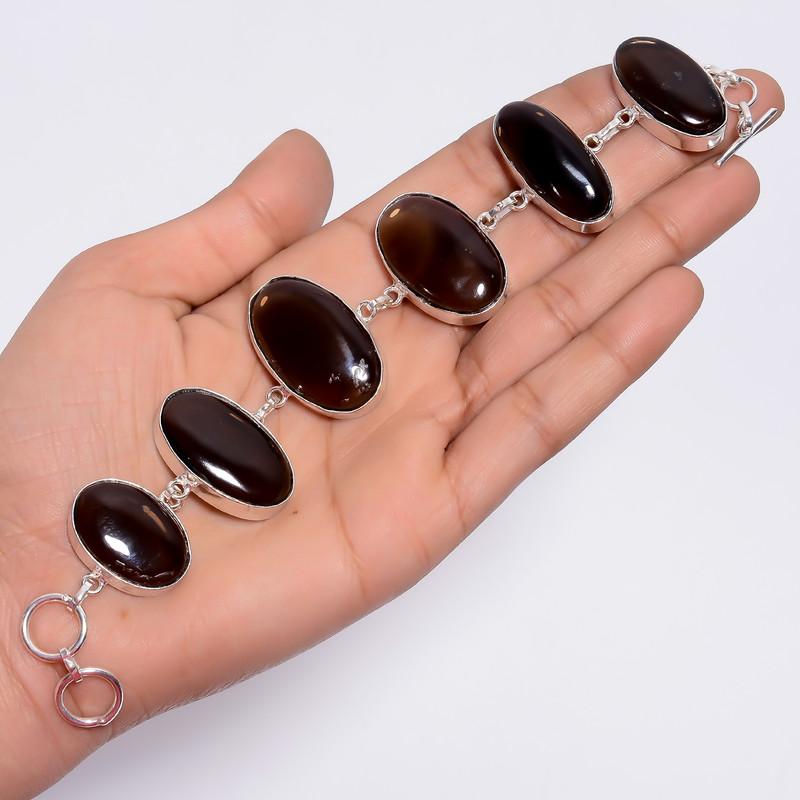 Excellent Top Grade Qualite 100% Natural Smoky Quartz Oval Shape Ethnic Style Handmade Jewelry 925 Steling Silver Bracelet 7-8" WSJ-4687