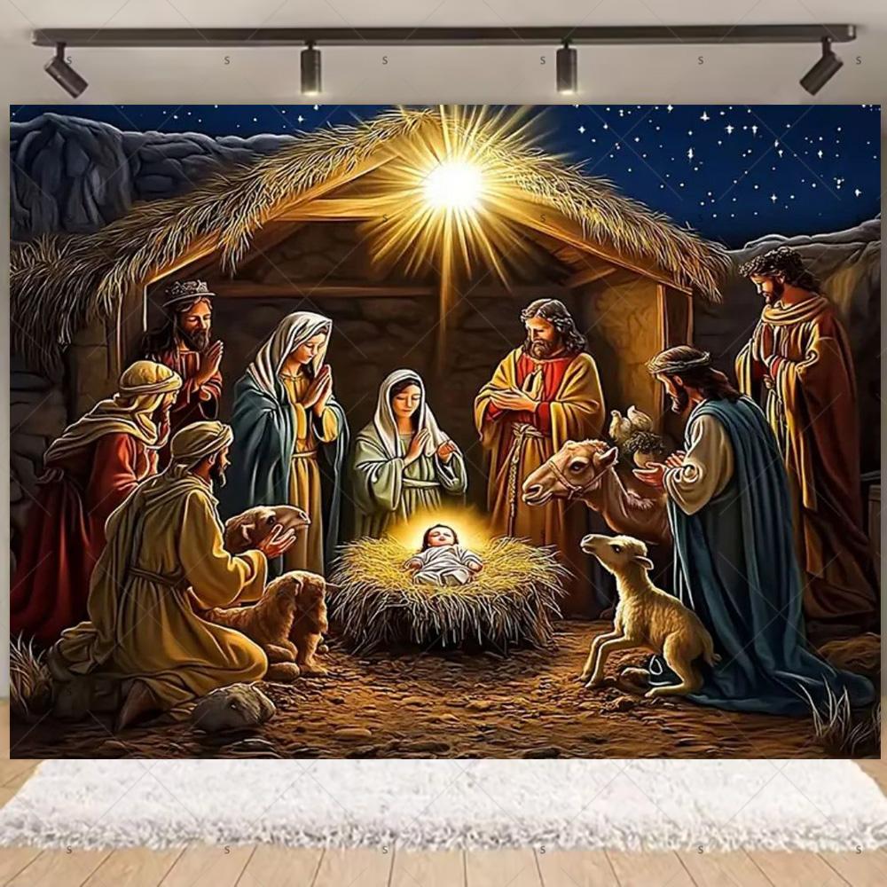Nativity Scene Background Banner Starry Night Traditional Christmas Religious Jesus Backdrop Supplies Christmas Party Decoration