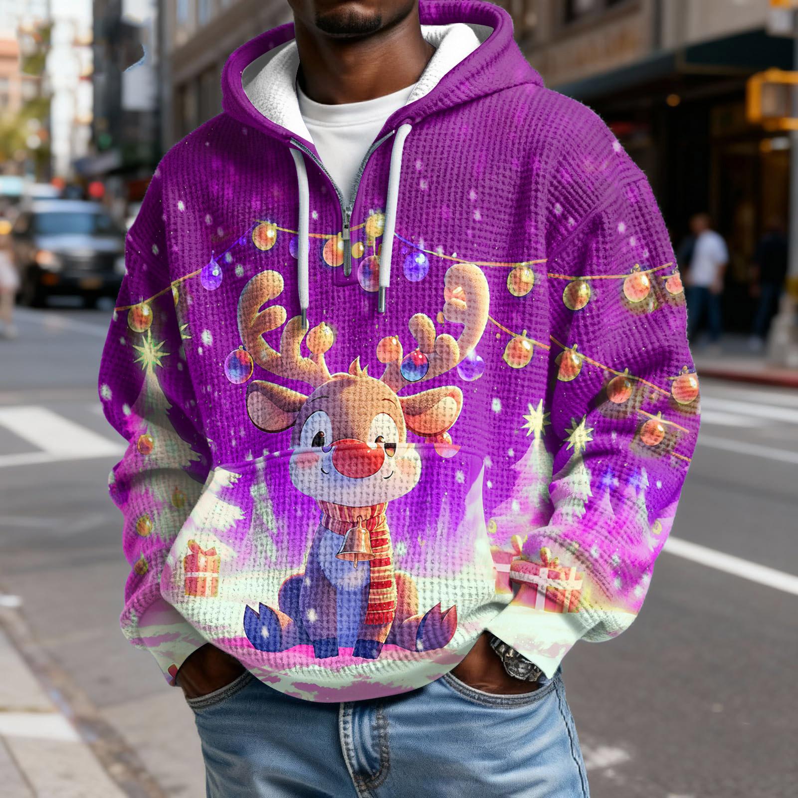 Мужской Модный Трендовый Худи с капюшоном на половину молнии Пуловер Утепленный Флисовая текстура Толстовка M фиолетовый 2627₽