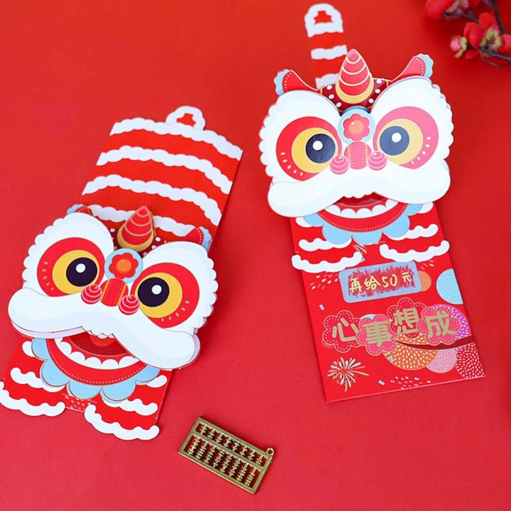 

6pcs Lion Dance Scratch Card Money Bag Traditional Lucky Money Packet Red Pocket Celebration Party Style 1