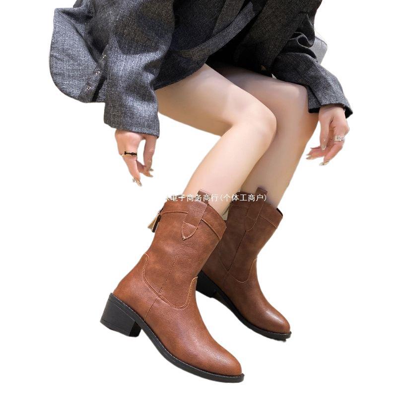 2025 Autumn and Winter New Medium Boots Thick Heel Pointed British Retro Western Boots Fashion Thin Boots Knight Boots Tide