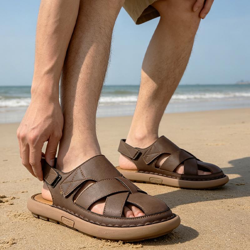Sandales pour Hommes Respirantes Cuir Creux Bout Fermé Anti-Odeur Nouvelles Semelles Souples Antidérapantes Résistantes à l'Usure Chaussures d'Extérieur pour Plage pour Adolescent