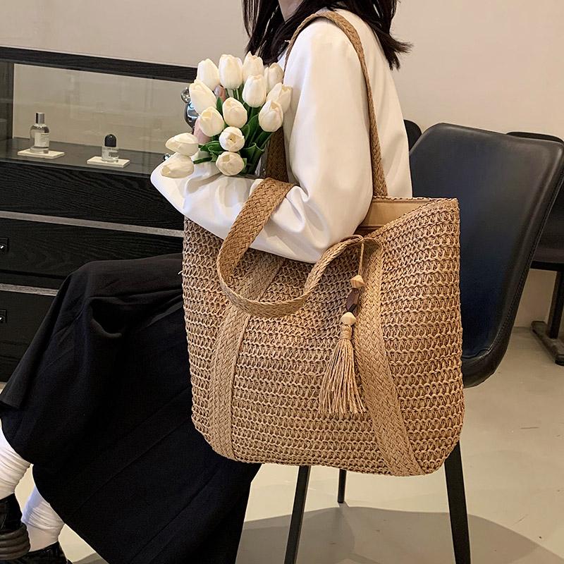 Handwoven Straw Simple Bag Holiday Beach Shoulder Bag Casual Trendy Women Large Capacity Tote