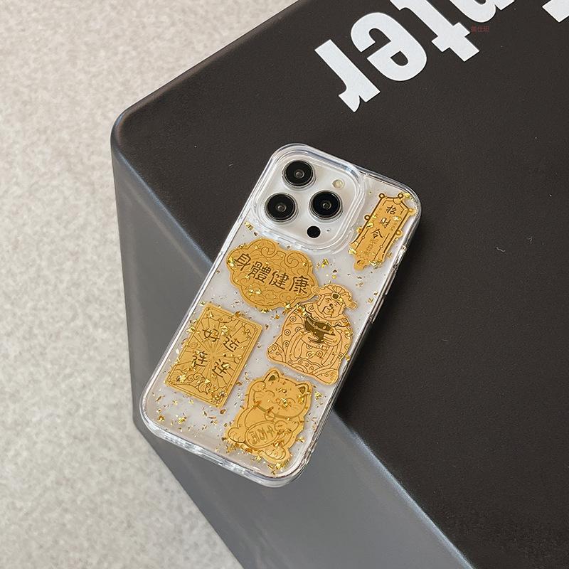 Applicable to Apple 16promax mobile phone case, Epoxy gold foil iPhone15 God of Wealth 14 Shunfeng 13 Shunshui 12 Transparent