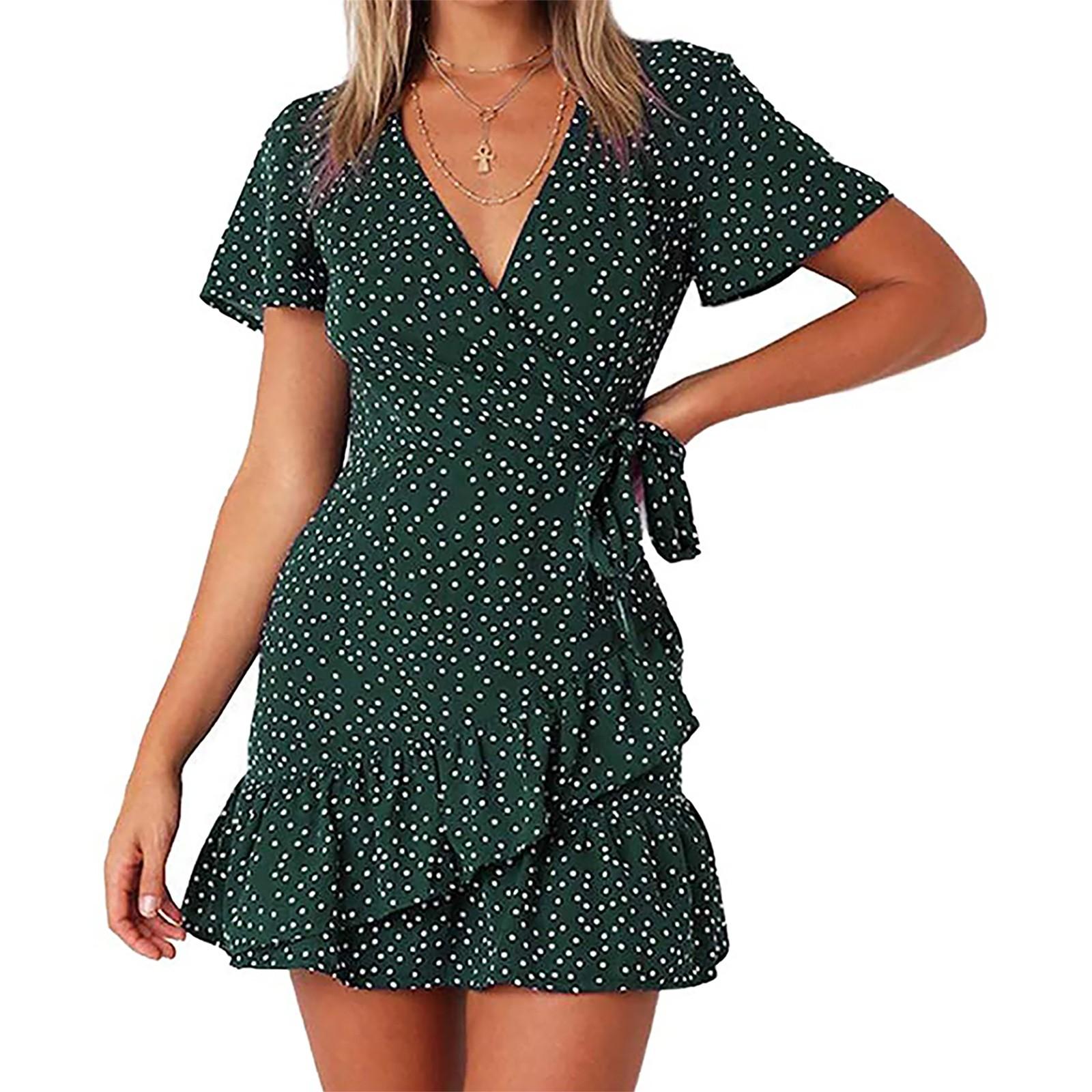 

Модное женское шифоновое платье с короткими рукавами и принтом, повязка, повседневное платье с v-образным вырезом S зелёный