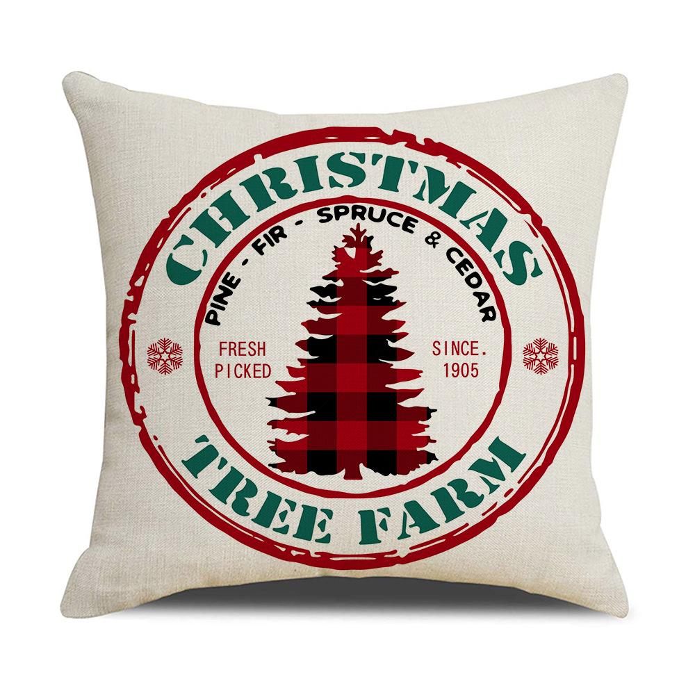 Red and Black Plaid Christmas Pillow Holiday Pillow Cover Linen Cartoon Print Holiday Cushion Cover