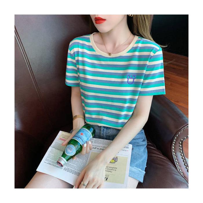 New Summer Round Neck Short-sleeved Women's T-shirt Embroidered Korean Loose and Versatile Age-reducing Striped Top