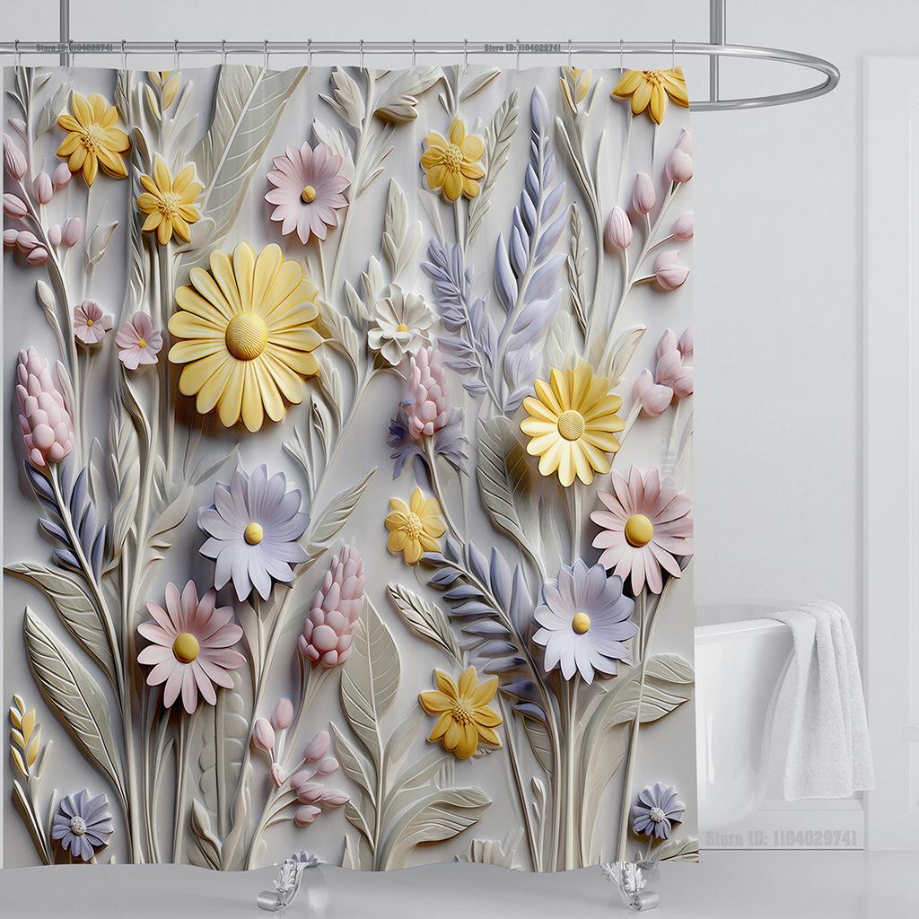 3D Floral Shower Curtain Set Orange Flower Design Fabric Bathroom Decor Waterproof Washable Shower Curtain Set with Hooks