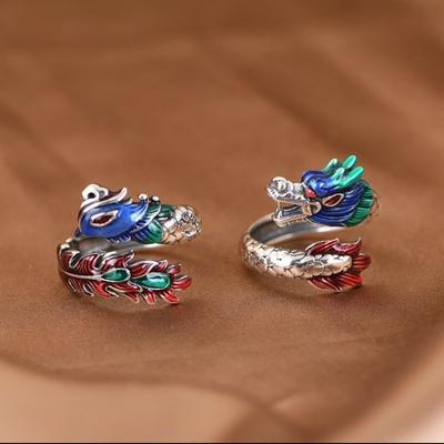 Bague Dragon et Phénix Chengxiang Émail Couleur Bagues pour Homme et Femme Style Rétro Guochao Personnalité Haut de Gamme Dominant Artisanat Ouverture