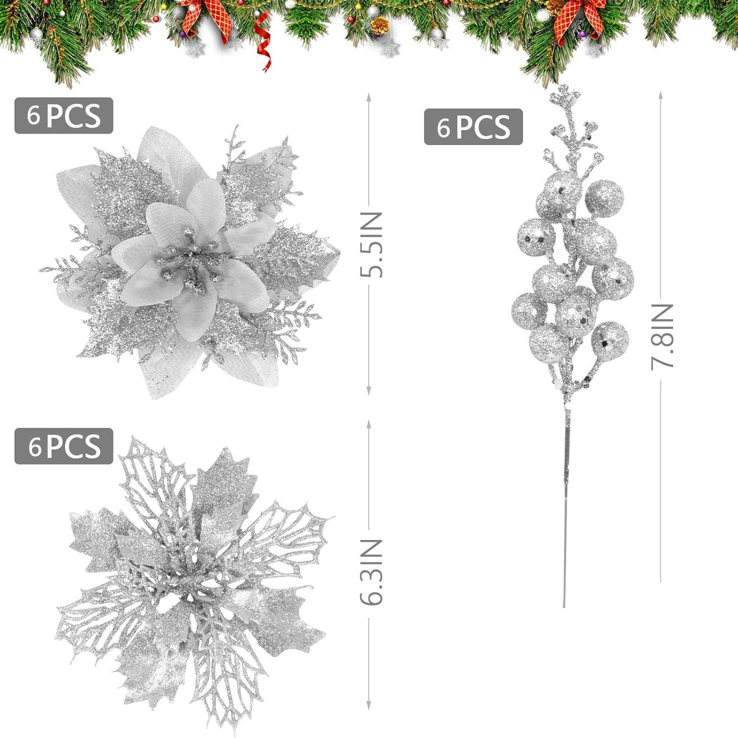 

18pcs Christmas Poinsettia Artificial Flowers & Glitter Berries Stems Kit - Elegant Golden & White Holiday Decor for Xmas, Home