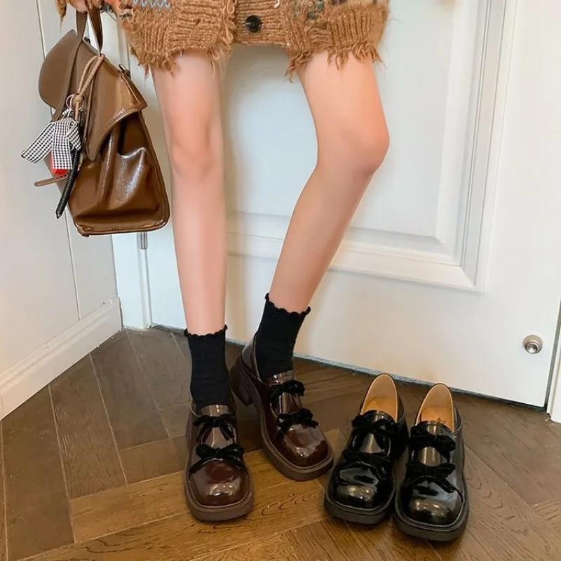 Sapatos Mocassins com Laço para Mulheres Mary Jane Salto Médio Estilo Japonês Lolita Plataforma Bombas Femininas Marca Jovem de Luxo Sapato Y2k
