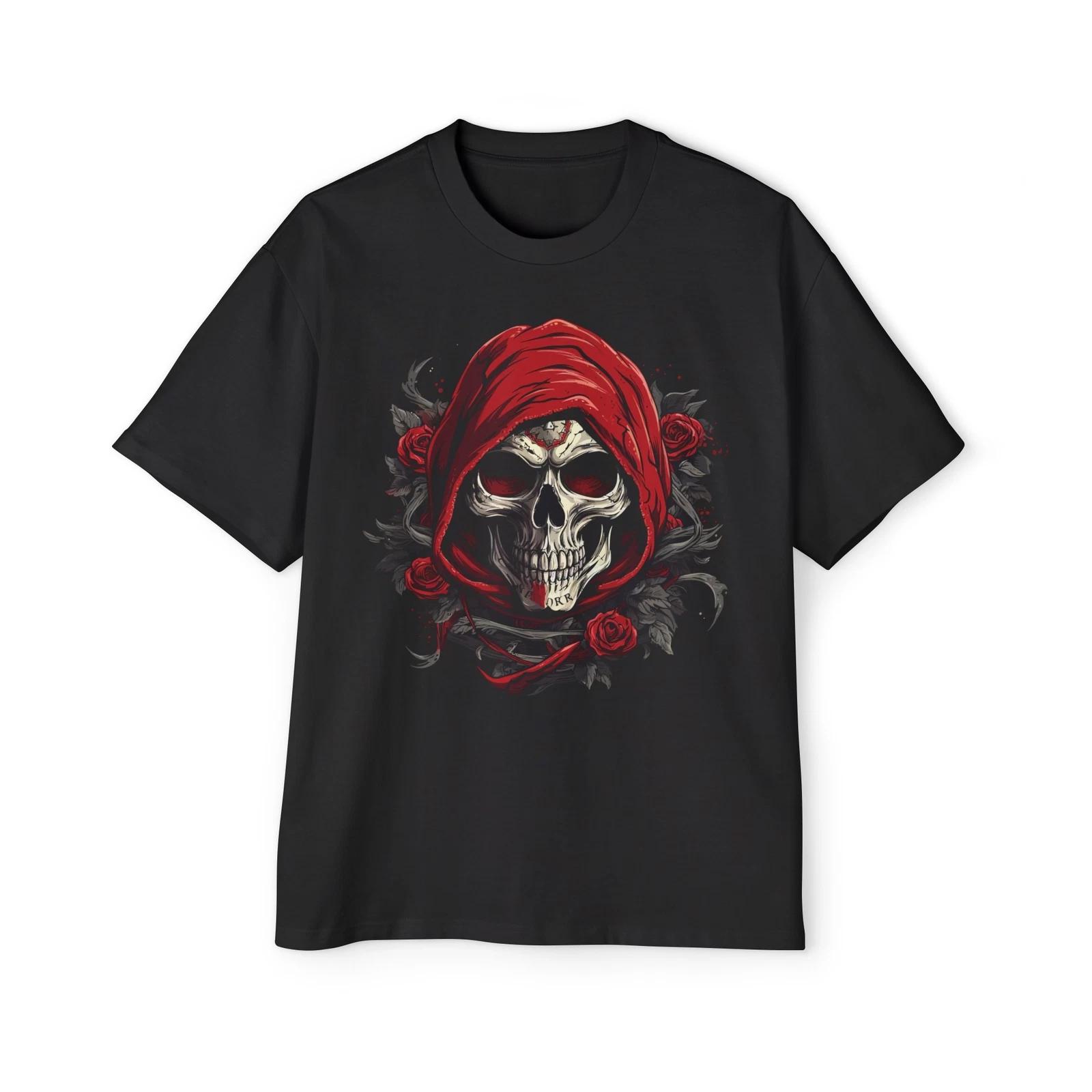 Skull and Red Roses :: High quality Men s Heavy Oversized Tee L