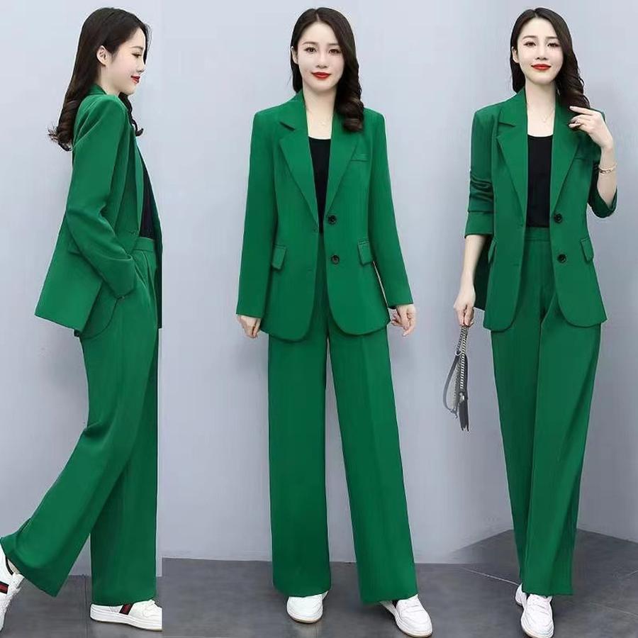 Bahar/Sonbahar Yeni Stil Takım İş Kadını Tarzı Dar Kesim Uzun Kollu Blazer Geniş Paça Pantolon Kadın İki Parça Takım