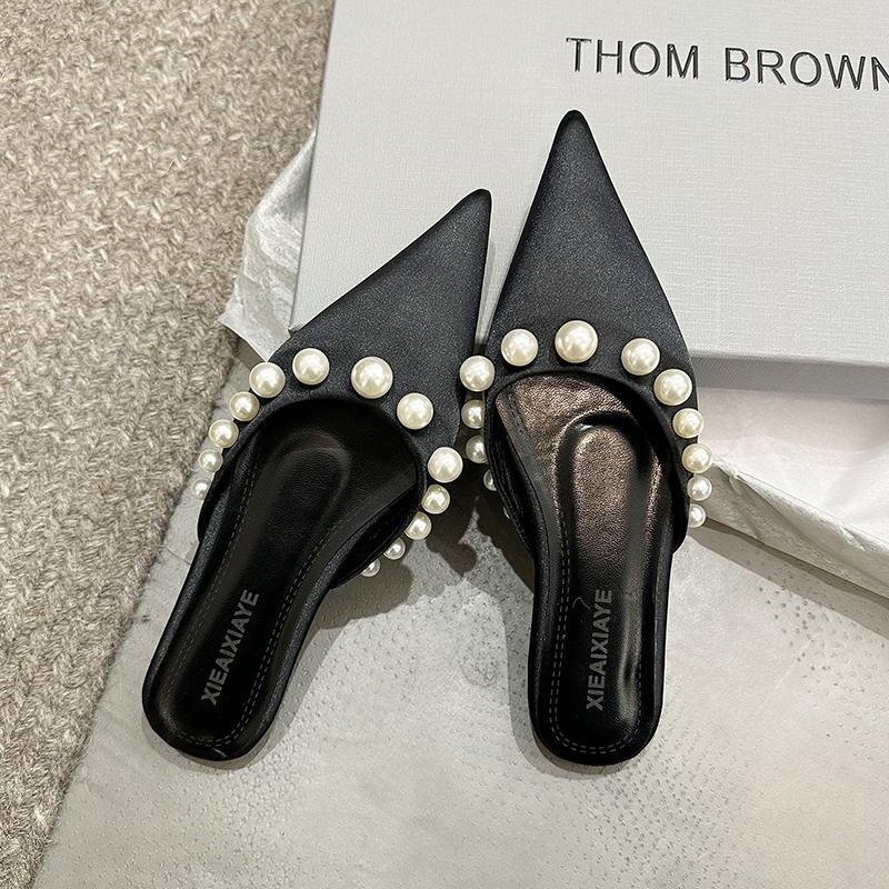Bead Flats Slippers Women Pointed Toe Sandals Mules Shoes Woman Summer 2025 Designer Trend Dress Casual Shoes Elegant Slides