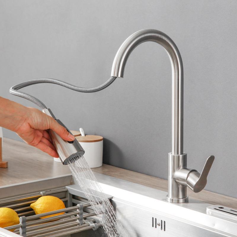 304 Stainless Steel Kitchen Faucet with Pull-out, Anti-splash, Hot/Cold Rotation, Telescopic Design