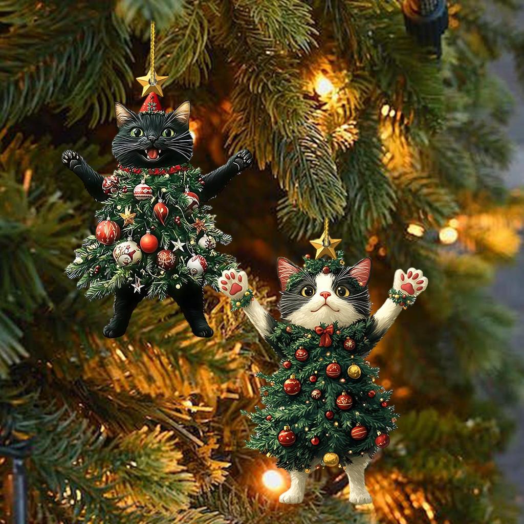 2pcs 2D Acrylic Cat Ornaments for Christmas Tree Cat Pendant Ornaments Car Mirror Hanging 2025 Xmas Navidad Party Supplies