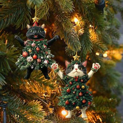 2pcs 2D Acrylic Cat Ornaments for Christmas Tree Cat Pendant Ornaments Car Mirror Hanging 2025 Xmas Navidad Party Supplies