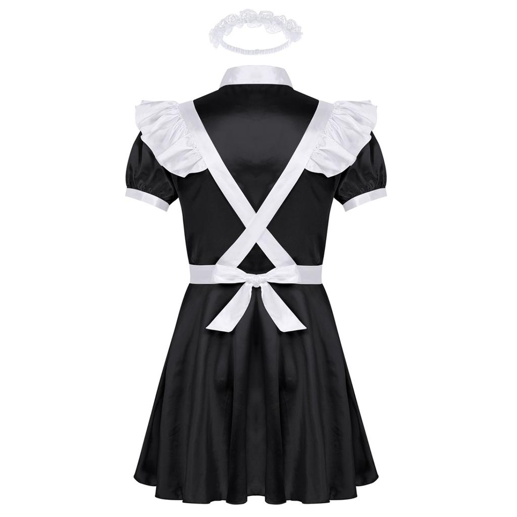 Men's Frilly Satin Flutter Sissy French Maid Dress Costume Crossdress Nightwear Pajamas